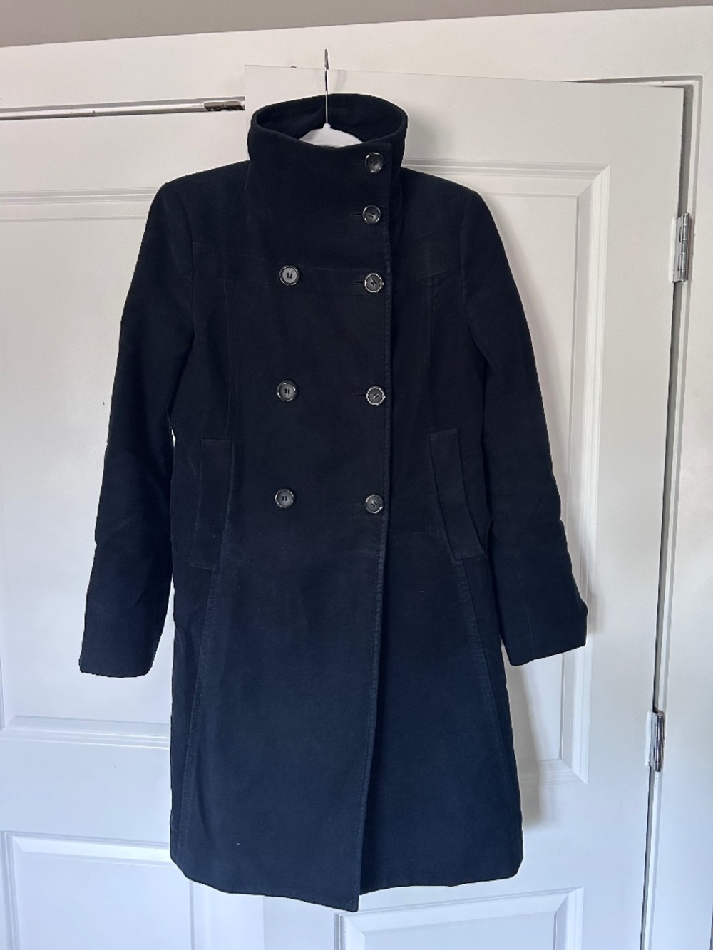 United Colors of Benetton Black Double Breasted Funnel Neck Wool Coat, Size 6
